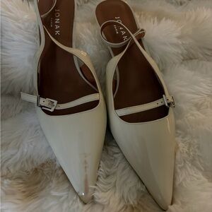 Jonak Cream Patent Pointed-Toe Slingback Mules